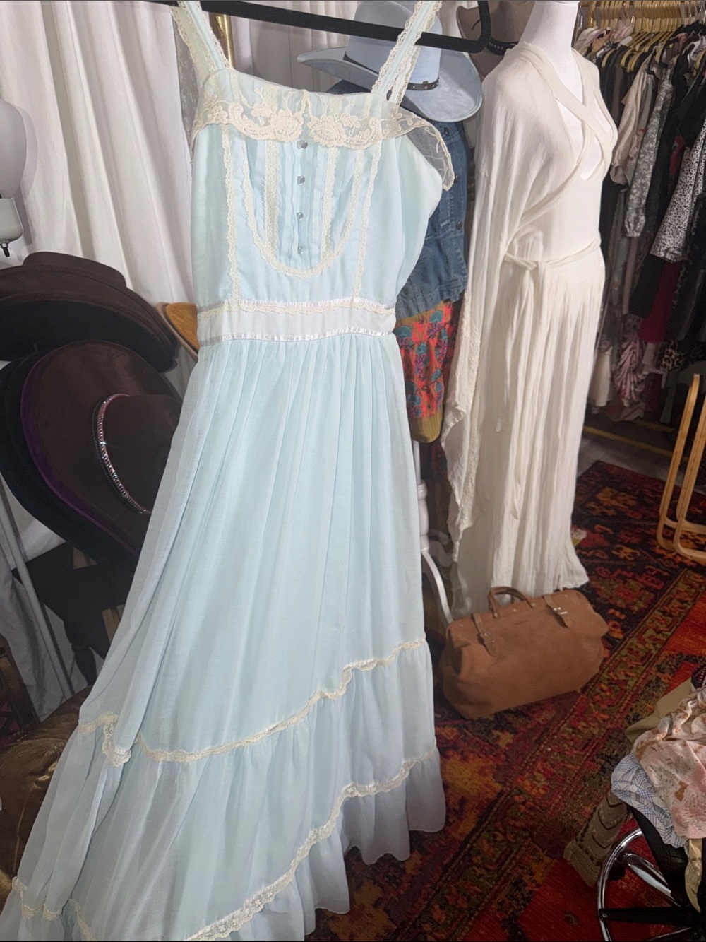 Candi Jones vintage 1970's Light Blue Lace-Trim Maxi Dress - Womens
